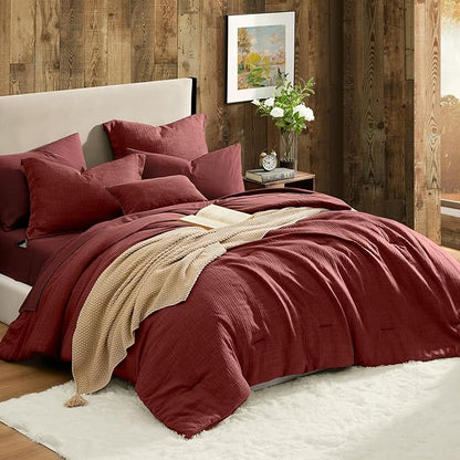 Geniospin Bright Red Queen Comforter Set - 7 Pieces Comforter Queen Size, Solid Bedding Set for All Season, Textured Bed in a Bag with Sheets