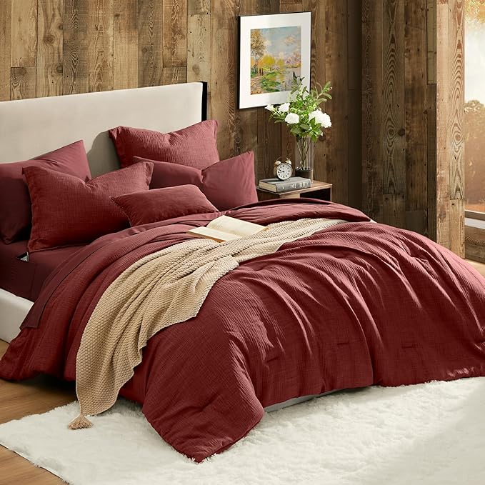 Geniospin Bright Red Full Comforter Set - 7 Pieces Comforter Full Size, Solid Bedding Set for All Season, Textured Bed in a Bag with Sheets