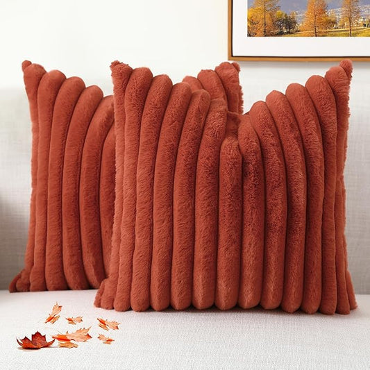 decorUhome Faux Fur Fall Throw Pillow Covers 22x22 Set of 2, Decorative Soft Plush Striped Neutral Euro Pillow Covers with Velvet Back for Bed, Living Room Home Decor, Rust