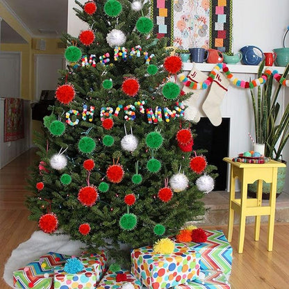 Greentime Christmas Pom Pom 1140 Pcs Glitter Fluffy Balls Pompoms Red Green White for DIY Crafts Home Party Xmas Decorations Supplies (4 Sizes)