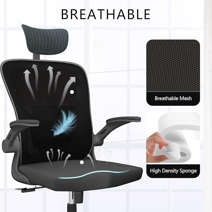 Ergonomic Office Chair, High-Back Mesh Desk Chair with Adjustable Height, Lumbar Support, Flip-Up Armrests,headrest，and Swivel Rolling Design for Home and Office Use