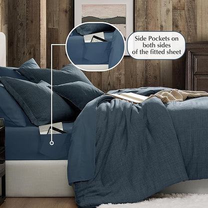 Geniospin Twin Comforter Set - 5 Pieces Comforter Twin Size, Solid Bedding Sets for All Season, Textured Bed in a Bag with Flat Sheet and Fitted Sheet, Pillowcases and Shams (Navy Blue, 66''x86'')