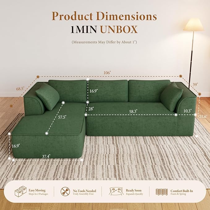 Vesgantti 106" Cloud Couch Sectional Modular Sofa, Deep Seat Comfy Cloud Couch Chenille Sofa Modular Couches for Living Room Bedroom, No Assembly Required (Green, Left-Facing Chaise)
