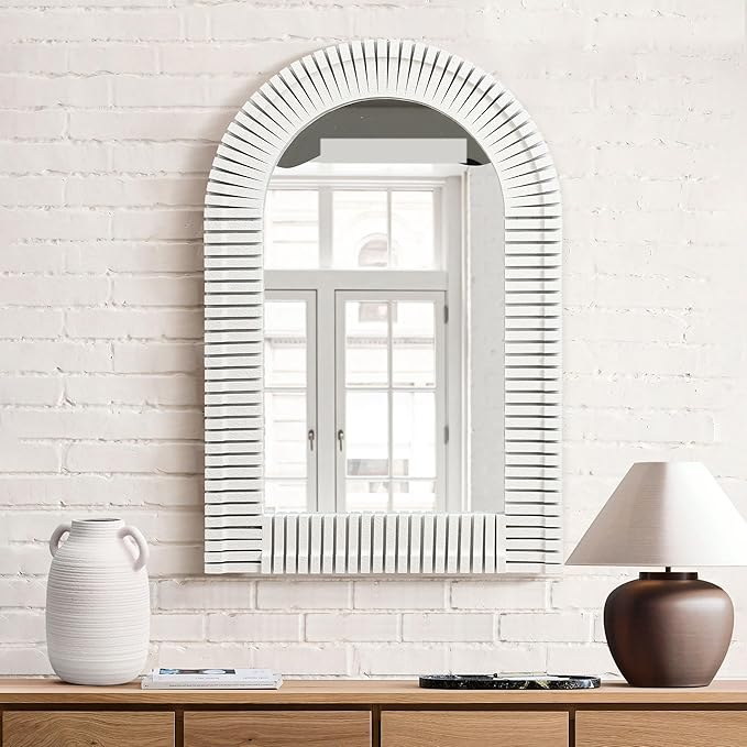 LuxenHome Arched Wall Mirror for Bathroom, 24"x35.5" Large Wood Framed Wall Mounted Decorative Vanity Mirror for Living Room Bedroom Decor, Hanging Sculptures Accent for Entryway Office Home Decor