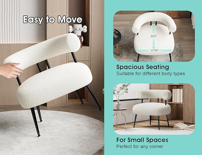 Mid Century Sherpa Boucle Accent Chair, Round Upholstered Barrel Arm Chair for Small Spaces, Fluffy Side Corner Chair for Living Room, Bedroom, Vanity, Office, Reading Nook