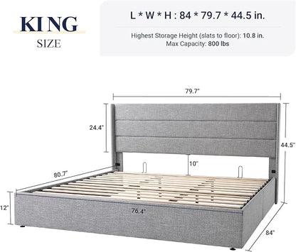 Allewie King Size Lift Up Storage Bed, Modern Wingback Headboard, Hydraulic Support, No Box Spring Needed, Light Grey
