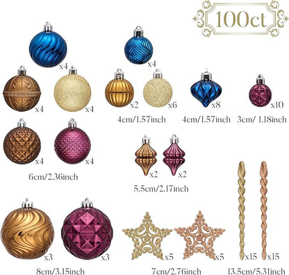 Valery Madelyn 100ct Christmas Tree Decorations Ball Ornament Set, Copper Gold Purple Shatterproof Hanging Ornaments Bulk for Fall Thanksgiving Autumn Harvest Xmas Holiday Party Decor