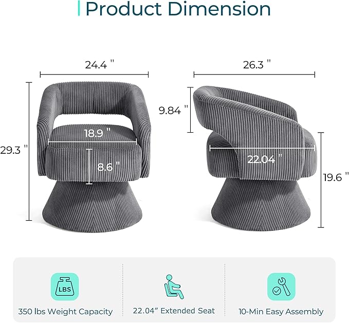 LINSY Swivel Barrel Chair, 360 Modern Swivel Accent Chair Boucle Swivel Chair Round Gray Corduroy Chairs with Arms, Small Barrel Chair for Small Spaces Bedroom Living Room