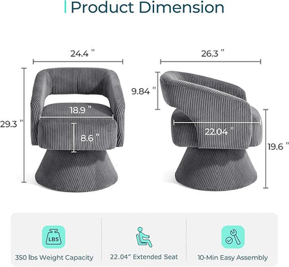 LINSY Swivel Barrel Chair, 360 Modern Swivel Accent Chair Boucle Swivel Chair Round Gray Corduroy Chairs with Arms, Small Barrel Chair for Small Spaces Bedroom Living Room