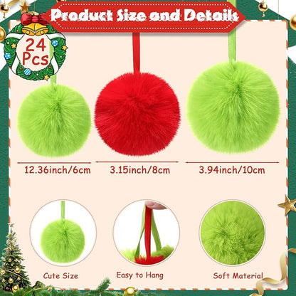 24 Pcs Red and Green Furry Christmas Ball Ornaments for Tree 2.36/3.15/3.94 Inch Pom Pom Ball Christmas Hanging Decoration for Party Supplies Fireplace Mantel Wall Decor