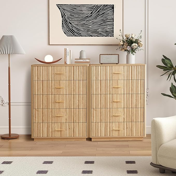 Fluted 5 Drawers Dresser for Bedroom, Wooden Tall Storage Dresser TV Stand, Curved Profile Modern Chest of Drawers, Wood Closet Clothes Storage Organizer for Living Room, Hallway, Natural 2 Sets