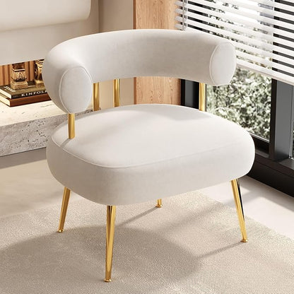 Modern Velvet Accent Chair, Round Upholstered Barrel Armchair for Small Spaces, Fluffy Side Corner Chair for Living Room, Bedroom, Vanity, Office, Reading Nook(Cream White)