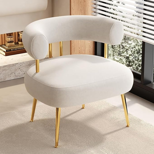 Modern Velvet Accent Chair, Round Upholstered Barrel Armchair for Small Spaces, Fluffy Side Corner Chair for Living Room, Bedroom, Vanity, Office, Reading Nook(Cream White)