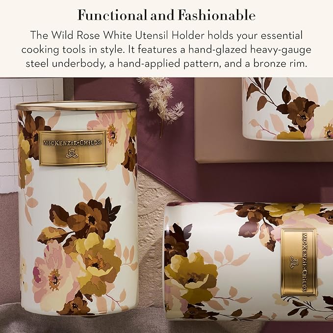 MACKENZIE-CHILDS Enamel Utensil Holder, Stylish Kitchen Countertop, Wild Rose White