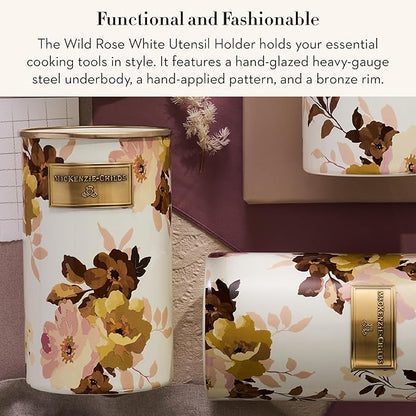 MACKENZIE-CHILDS Enamel Utensil Holder, Stylish Kitchen Countertop, Wild Rose White