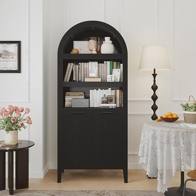 Arched Cabinet Bookshelf Black Arch Bookcase with Doors, Wooden Curved Book Case 5-Tier Tall Round Top Bookshelves for Living Room