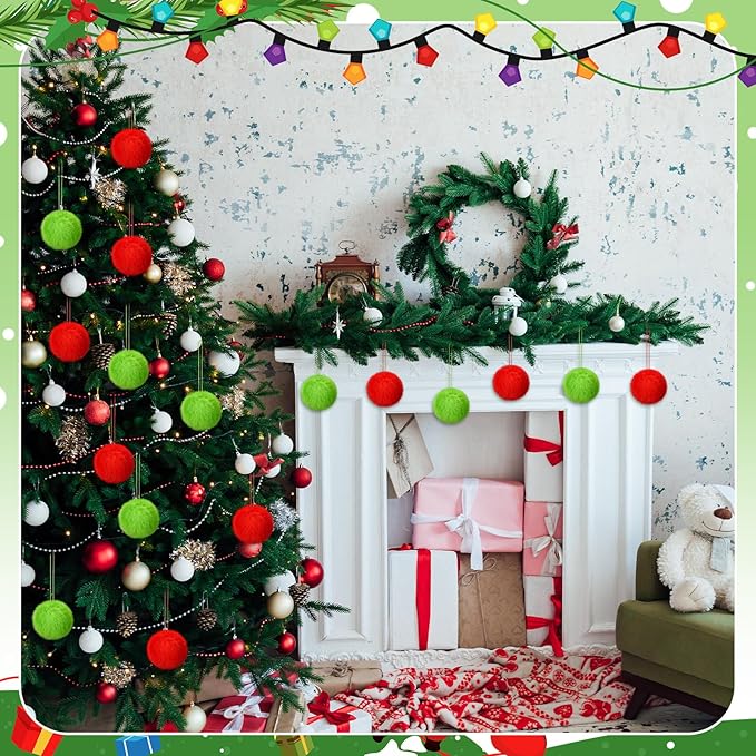 Gejoy 12 Pcs Red and Green Furry Christmas Ball Ornaments for Tree Red and Green Christmas Hanging Decorations Soft Faux Fur Pom Pom Ball Ornaments for Home Party Supplies Fireplace Mantel Wall Decor
