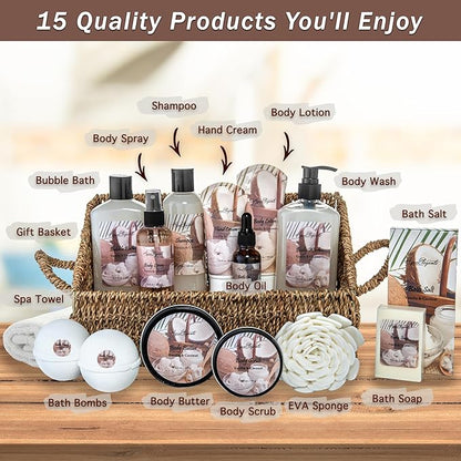 Bath Spa Gift Sets - Luxury Basket With Coconut & Vanilla - Spa Kit Includes Wash, Bubble Bath, Lotion, Bath Salts, Body Scrub, Shower Puff, Bathbombs, Soap in Wooden Basket