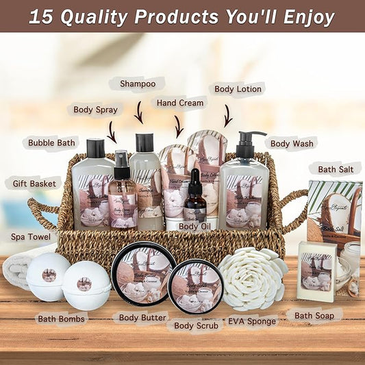Bath Spa Gift Sets - Luxury Basket With Coconut & Vanilla - Spa Kit Includes Wash, Bubble Bath, Lotion, Bath Salts, Body Scrub, Shower Puff, Bathbombs, Soap and Towel