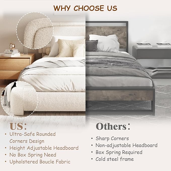 Full Size Boucle Bed Frame, Cloud Upholstered Platform Bed with Height Adjustable Headboard & Soft Rounded Corners, No Box Spring Needed, Noise Free, Easy Assembly, Beige