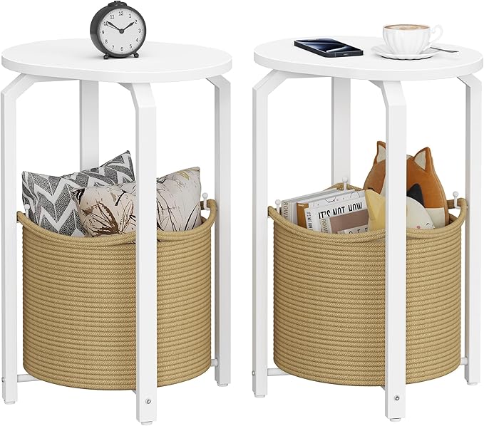 TUTOTAK Small Side Table, Oval End Table, Night Stand, Bedside Table, Set of 2, Sofa Table with Storage Basket, Living Room, Bed Room, White and Beige TB01BWN0932
