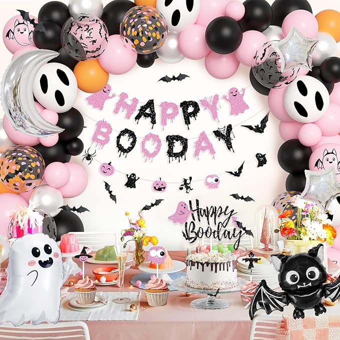Amandir Pink Black Halloween Birthday Party Decorations, Happy Boo Day Glitter Banner Halloween Balloon Arch Garland kit Foil Bat Ghost Balloons Cake Toppers for Kids Girl Spooky Baby Shower Supplies