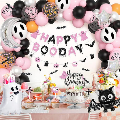Amandir Pink Black Halloween Birthday Party Decorations, Happy Boo Day Glitter Banner Halloween Balloon Arch Garland kit Foil Bat Ghost Balloons Cake Toppers for Kids Girl Spooky Baby Shower Supplies