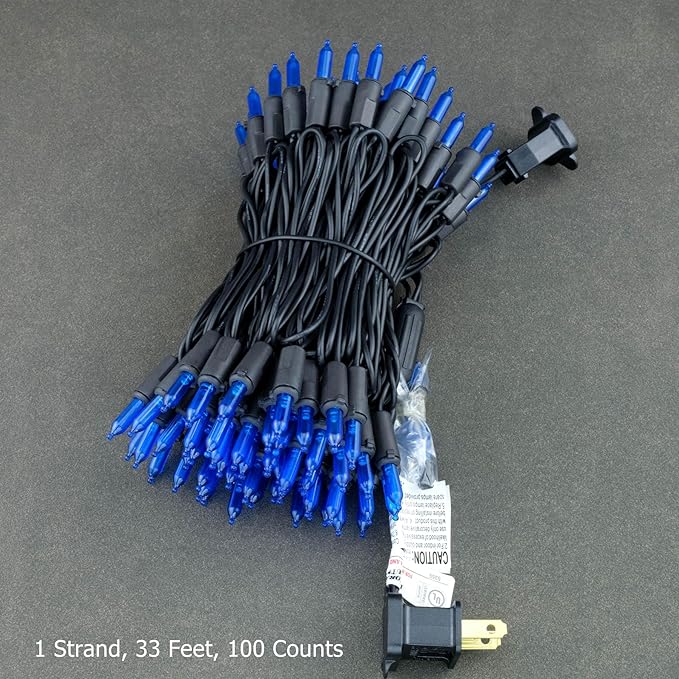 YULETIME Blue LED Christmas Lights with Black Wire, 33 ft 100 Count UL Certified Commercial Grade Halloween String Light Set (Blue - Black Wire)