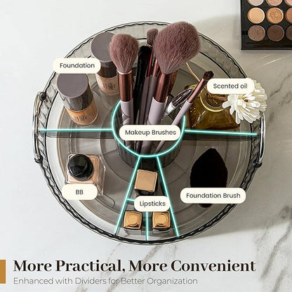 Aveniee 360° Rotating Makeup Organizer for Vanity, Upagraded Perfume Skincare Bathroom Counter Organizers with Brush Divider, 3 Tier Spinning Lipstick Cosmetic Lotion Storage,Grey