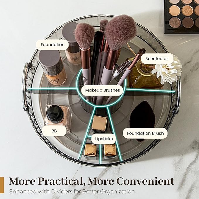 Aveniee 360° Rotating Makeup Organizer for Vanity, Upagraded Perfume Skincare Bathroom Counter Organizers with Brush Divider, Two Tier Spinning Lipstick Cosmetic Lotion Storage,Grey