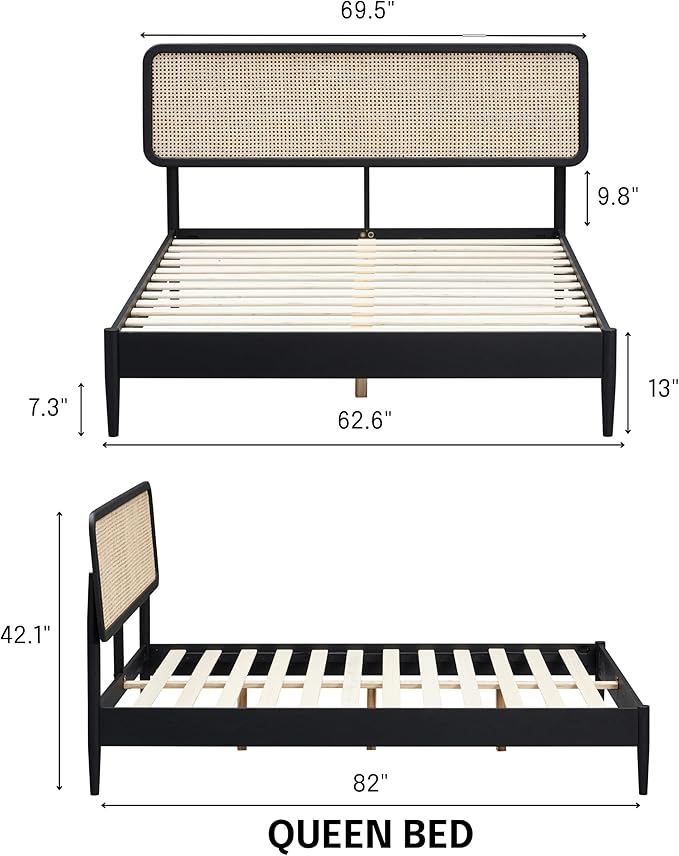 NTC Lupin Wooden Bed Frame with Headboard and Natural Rattan, Solid Oak Foundation with Silent Slats, 1000 Lb Capacity, Effortless Assembly, Queen - Burnt Black