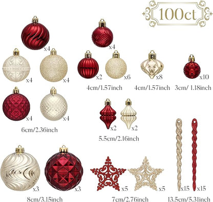 Valery Madelyn 100ct Christmas Tree Decorations Ball Ornament Set, Red and Gold Shatterproof Hanging Ornaments Bulk for Xmas Holiday Party Decor