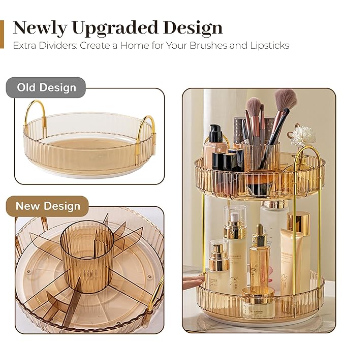 Aveniee 360 Rotating Makeup Organizer for Vanity, Upagraded Perfume Skincare Bathroom Counter Organizers with Brush Divider, Two Tier Spinning Lipstick CosmeticLotion Storage,Gold