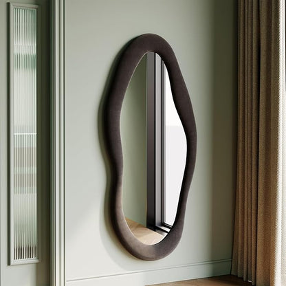 Honyee 55" x 24" Wall Mirror, Flannel Wrapped Wooden Frame Wavy Mirror, Irregular Mirror Hanging for Cloakroom/Bedroom/Living Room, Black
