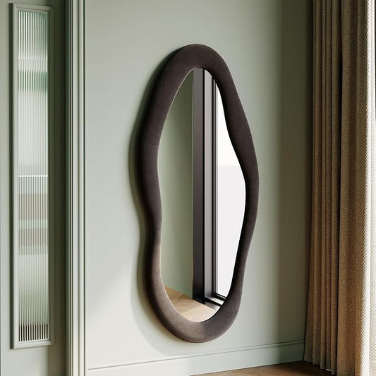 Honyee 55" x 24" Wall Mirror, Flannel Wrapped Wooden Frame Wavy Mirror, Irregular Mirror Hanging for Cloakroom/Bedroom/Living Room, Black