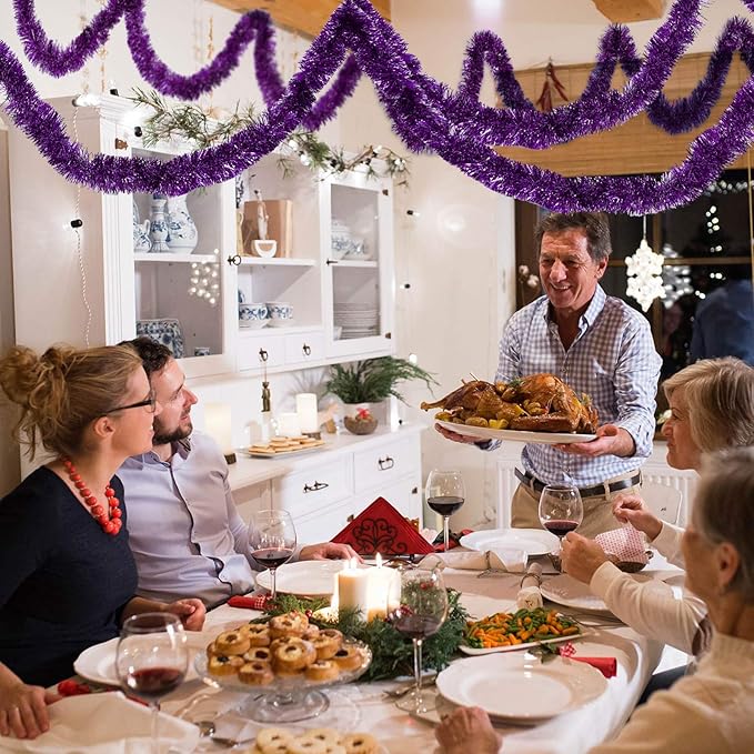 WILLBOND 50 ft Christmas Tinsel Garland Metallic Tinsel Twist Garland Christmas Tree Decorations New Year Wedding Birthday Hanging Decorations Party Supplies, 3 Inch(Purple)