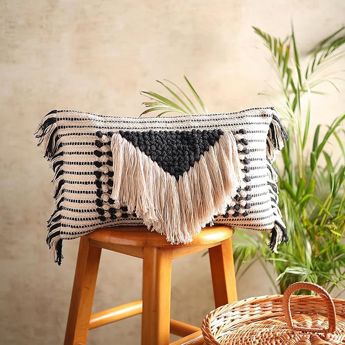 Decorative Boho-Chic Pillow Cover Handwoven Tufted Cotton Accent Pillows, Neutral Throw Cushion for Couch or Bed, Farmhouse & Bohemian Home Decor, Trendy USA Design (Black Lumbar 12x20)