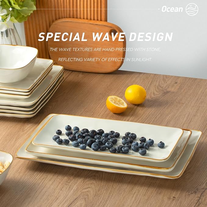 famiware Serving Platter, Rectangular 15.67/14.1/12.6inch Serving Dishes for Entertaining, Microwave Dishwasher Safe, Stoneware for Party, Turkey, Cheese, Ocean Series, Vanilla White