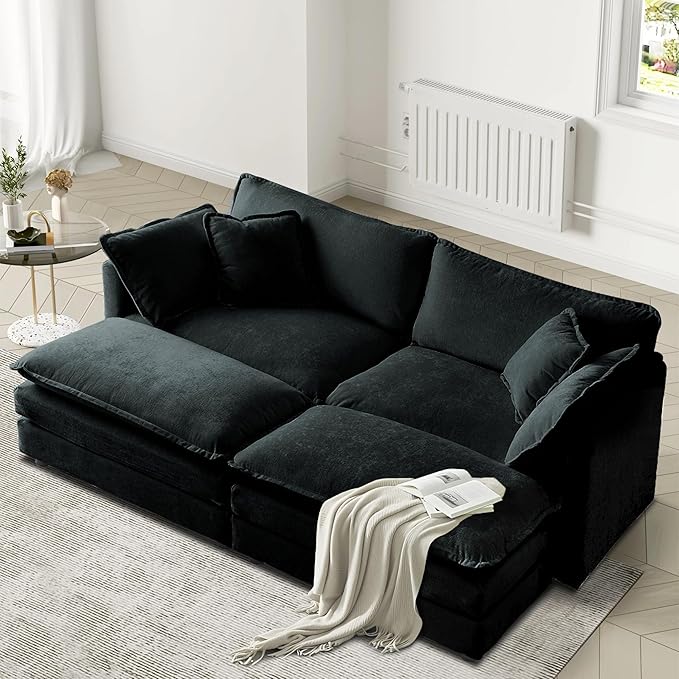 SoarFlash Chenille Sectional Sofa, Comfy Modular Coush Sofa with Ottoman, Modern 2 Seat Recliner Deep Seat Sofa Set for Living Room,Black