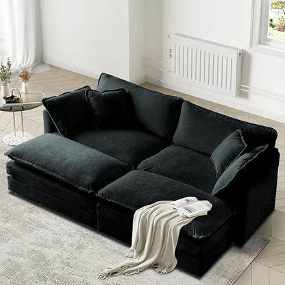 SoarFlash Chenille Sectional Sofa, Comfy Modular Coush Sofa with Ottoman, Modern 2 Seat Recliner Deep Seat Sofa Set for Living Room,Black