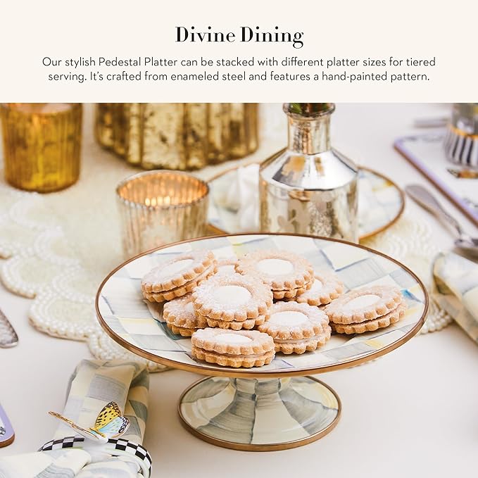 MACKENZIE-CHILDS Enamel Pedestal Platter, Round Cake Stand, Mini, Gray-and-White Sterling Check