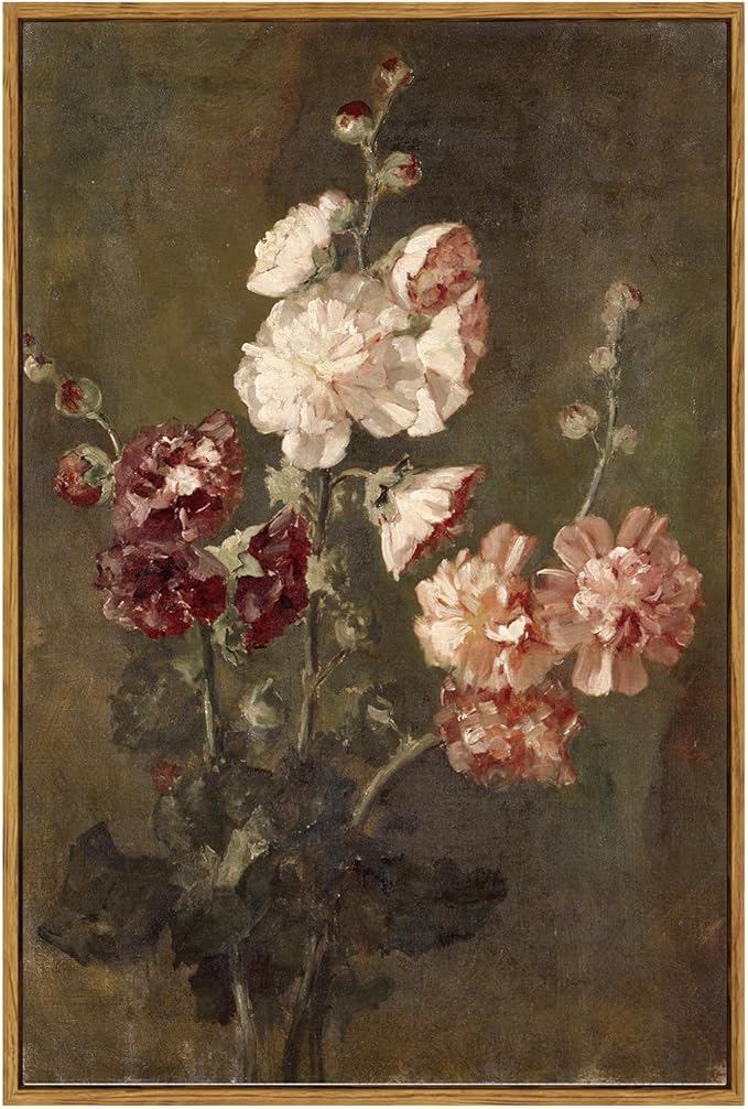 ARPEOTCY Large Framed Canvas Wall Art, Moody Hollyhocks Pictures Decor, 24x36Inch, Bathroom Kitchen Bedroom Vintage Floral Picture Decor, French Country Farmhouse Dark Art