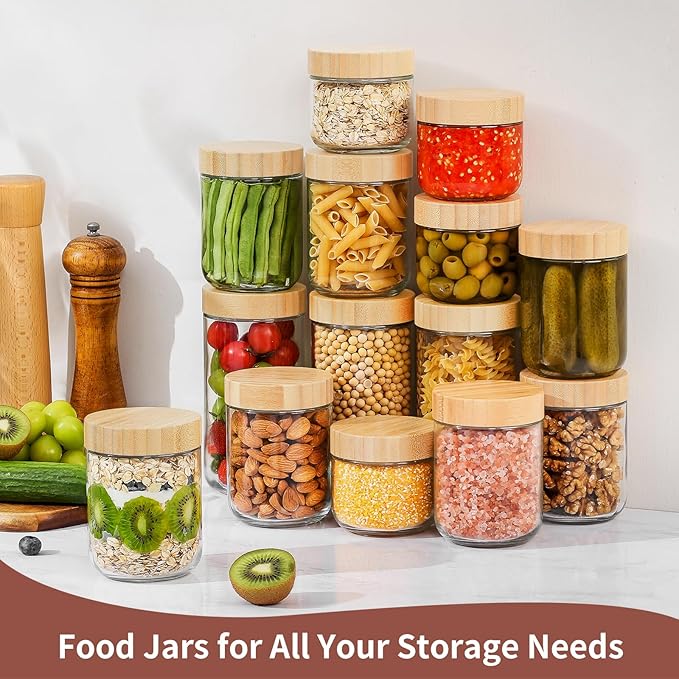 DRKIO 24 Oz Overnight Oats Containers with Bamboo Lids - 4 Pack Glass Storage Jars with Airtight Lids Wide Mouth Mason Food Jars Great for Meal Prep Salad Chia Pudding Snacks Yogurt Sugar Spice