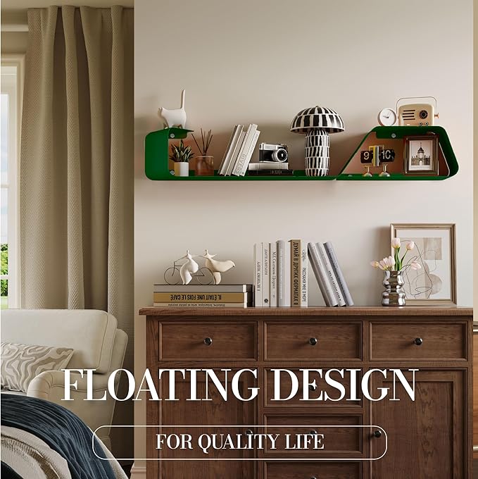 Floating Shelves, Wall Shelf, Set of 3 Mounted Metal Shelves with Unique Design for Wall Storage, Book Shelf, Display Shelves for Bathroom Bedroom Kitchen Living Room for Home Green