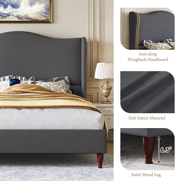 Full Size Bed Frame Upholstered Platform Bed with 51" Tall Headboard Wingback, Soft Fabric, Retro Simple Style Platform Bed No Box Spring Needed, Easy Assembly, Grey