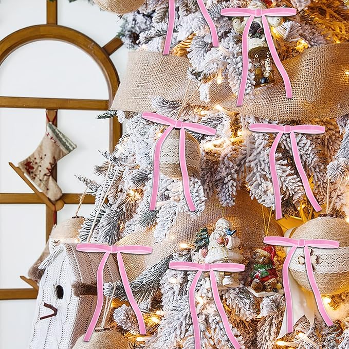 24 Pcs Pink Velvet Bows for Christmas Tree, Elegant Christmas Tree Bows, 5x7 Inch Pre-Tied Ribbon Bows for Wreaths, Gifts, and Holiday Décor, Velvet Bow Ornaments for Xmas Trees