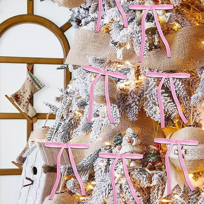 24 Pcs Pink Velvet Bows for Christmas Tree, Elegant Christmas Tree Bows, 5x7 Inch Pre-Tied Ribbon Bows for Wreaths, Gifts, and Holiday Décor, Velvet Bow Ornaments for Xmas Trees