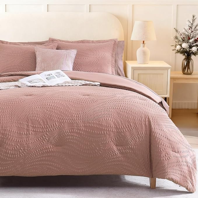 Geniospin Twin Comforter Set - 5 Pieces Dusty Pink Bedding Set, Botanical Textured Comforter Bed Set, All Season Lightweight Bed in a Bag with Comforter, Sheets, Pillowcases & Shams