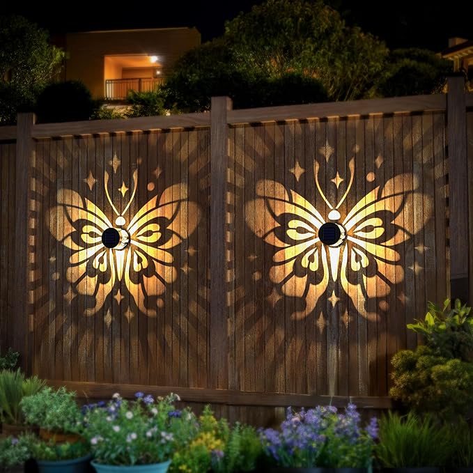 Solar Fence Lights 4 Pack Solar Deck Lamps Outdoor Decorations Powered Step Lights Wall Waterproof LED Warm Decorative Lighting for Garden (Butterfly-Star, 4)