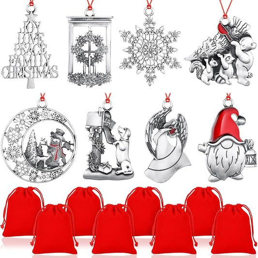 Zhengmy 8 Pieces Christmas Ornaments 2025 Solid Pewter Christmas Tree Ornament Metal Gnomes Santa Angel Snowman Hanging Craft Xmas Gifts with Red Bags(Cute)